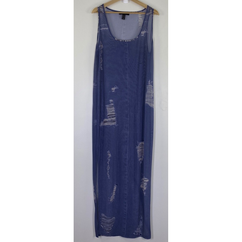 Forever 21 Plus Maxi Swim Coverup Womens 1X Blue Distressed Sheer Grunge NWT
